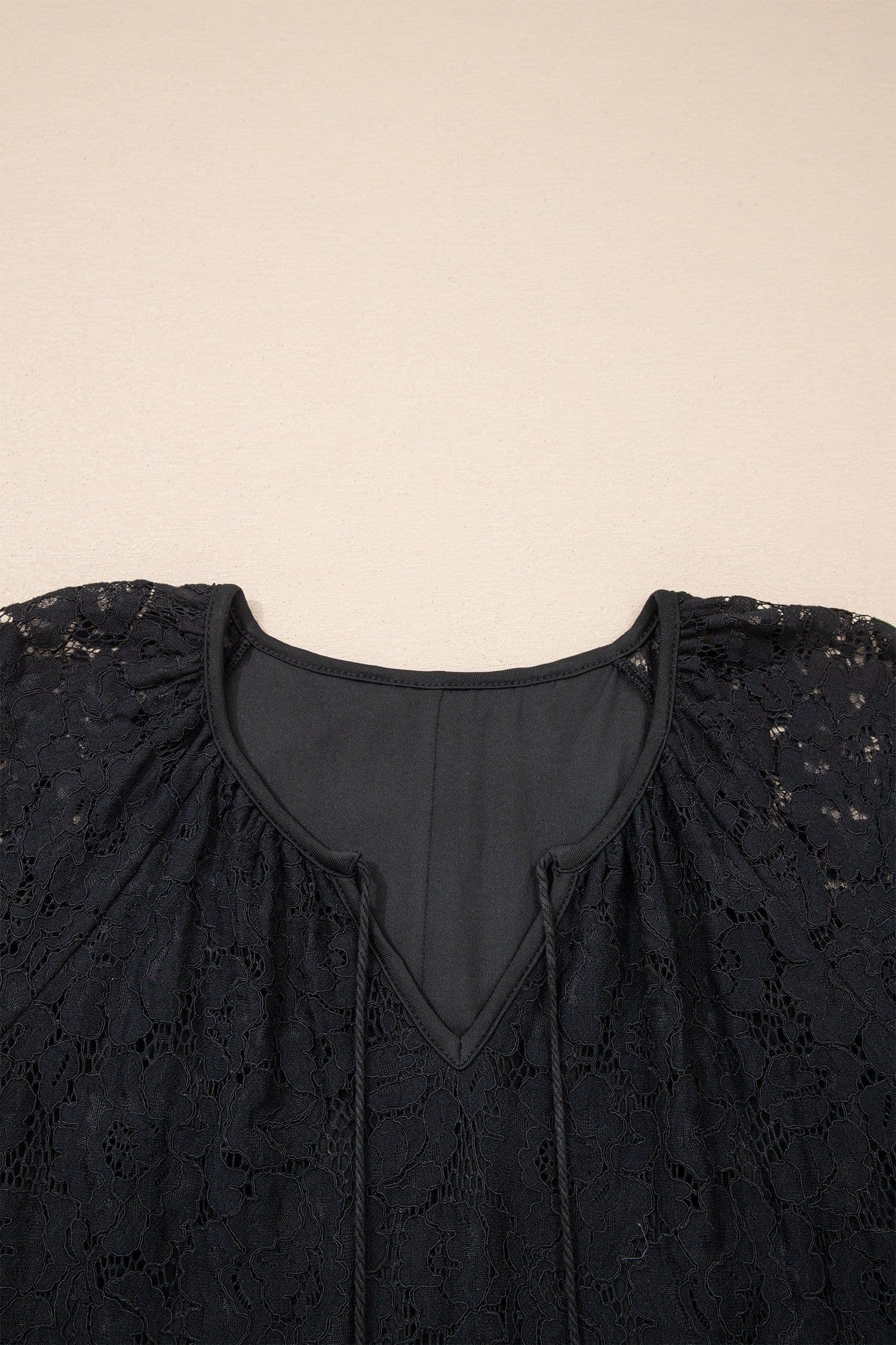 image-Black Floral Lace Overlay Tassel Tie Short Sleeve Beach Vacation Loose Maxi Dress