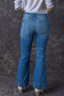 image-Sky Blue Distressed Medium Wash Flare Jeans (65 characters)