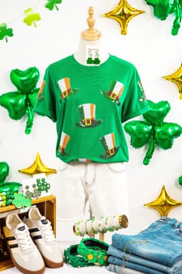 image-Bright Green Sequin St Patricks Day Hat Relaxed T Shirt