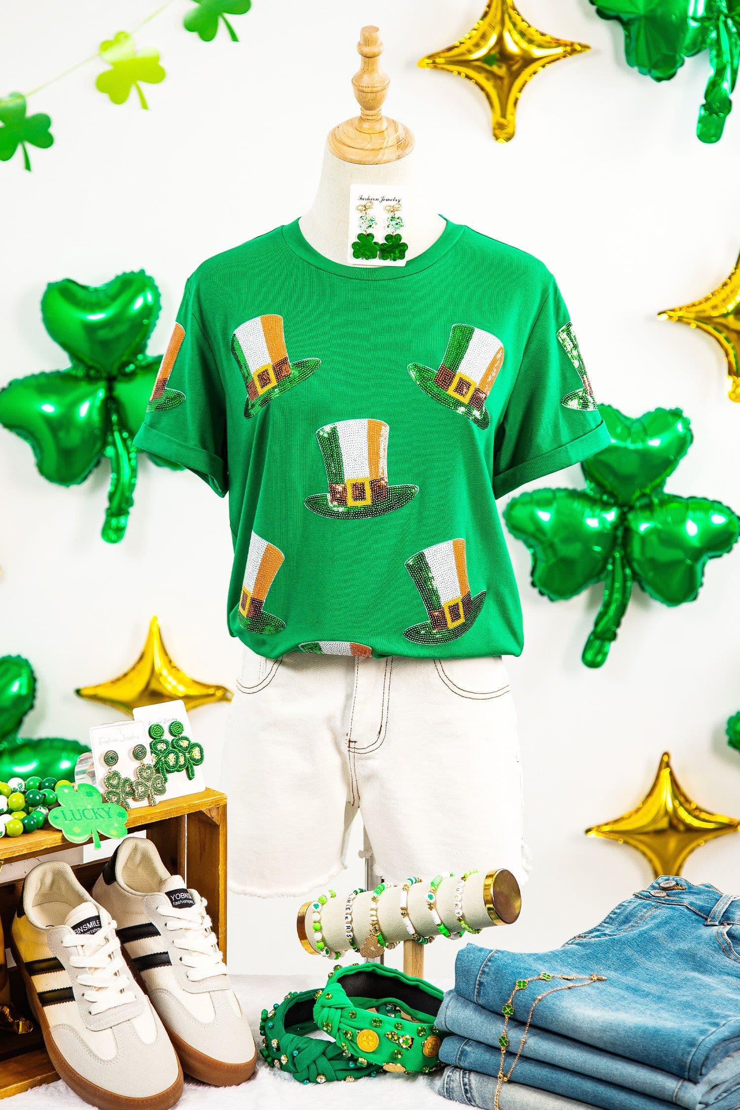 image-Bright Green Sequin St Patricks Day Hat Relaxed T Shirt