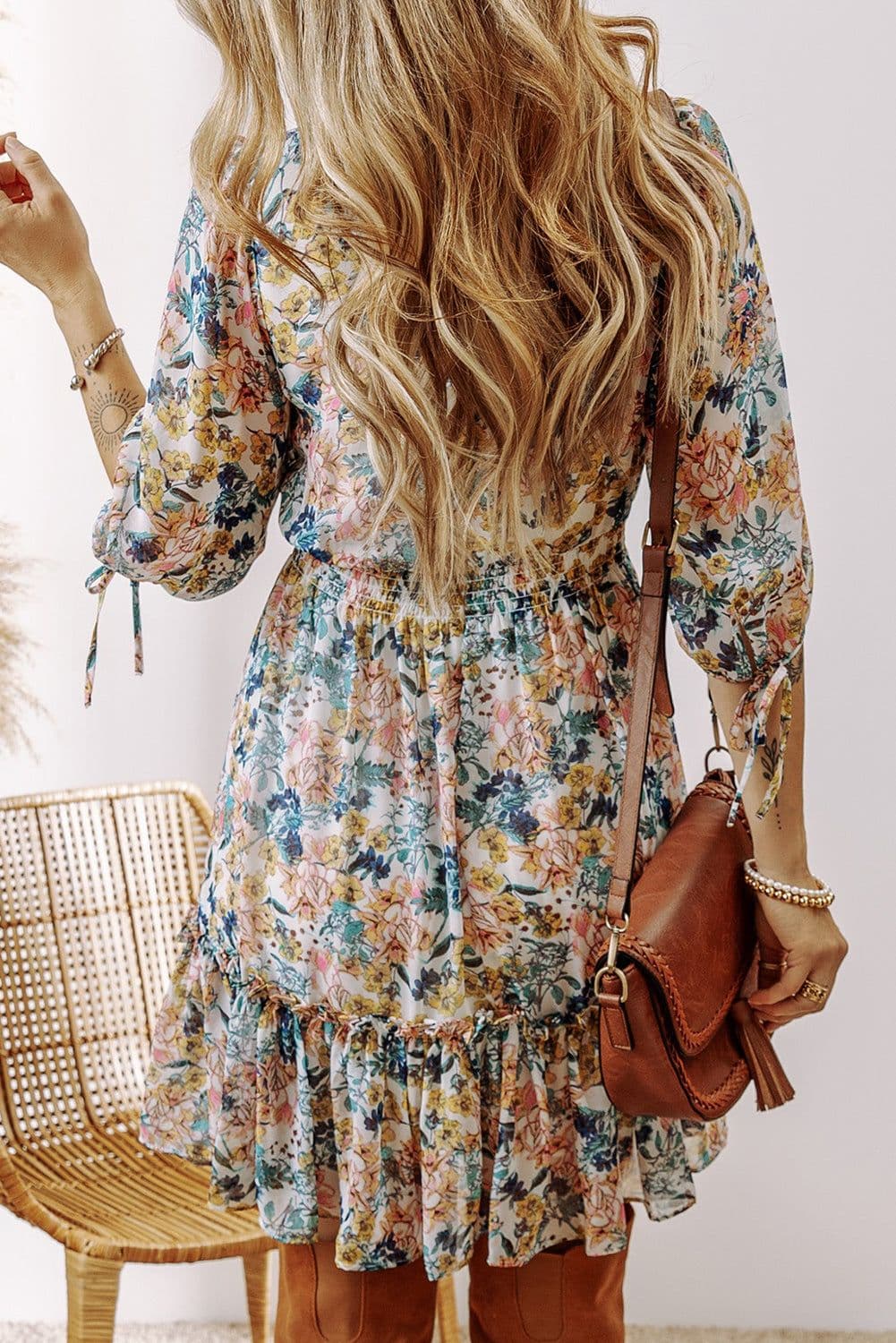 image-Sky Blue Floral V-Neck High Waist Dress 3/4 Sleeves Elegant