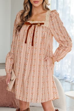 image-Khaki Floral Print Contrast Velvet Bow Lace Patchwork Long Sleeve Loose Mini Dress