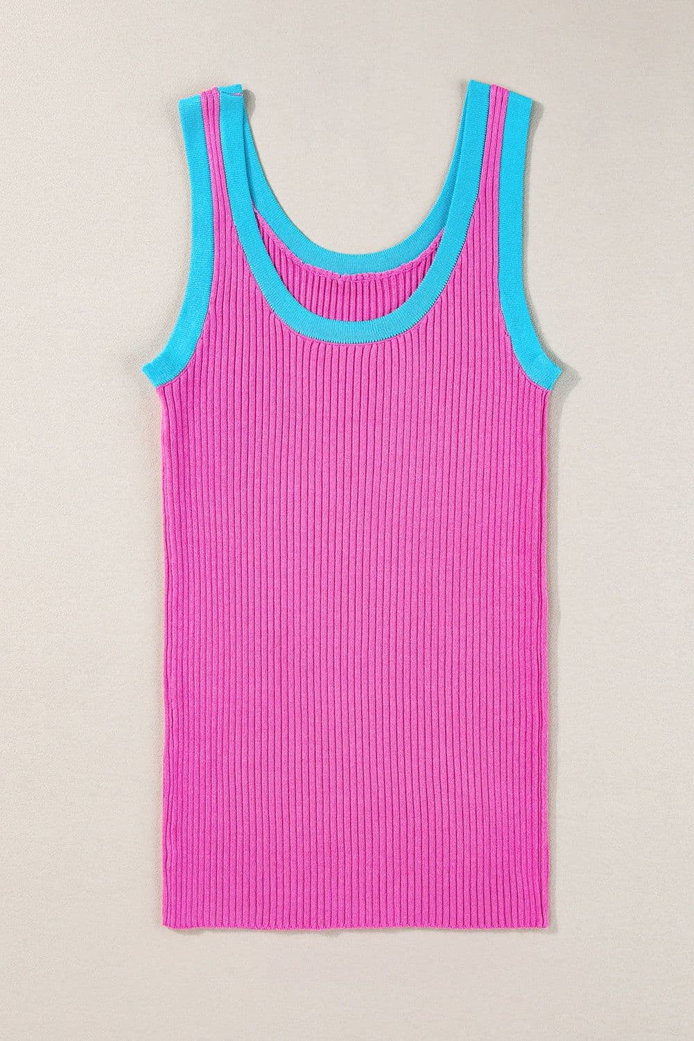 image-Pink Colorblock Edge Ribbed Knit U Neck Tank Top