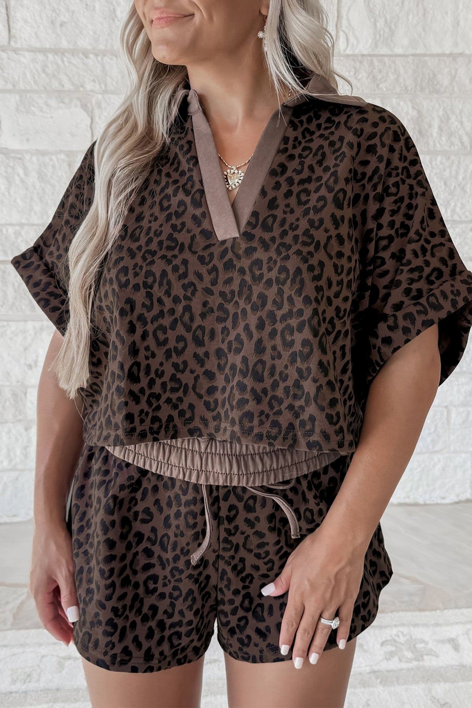 image-Brown V Neck Collar Leopard Printed 2pcs Short Set