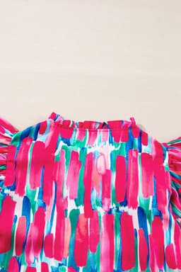 image-Rose Abstract Brush Print Ruffled Sleeve V Neck Blouse