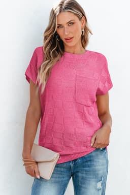 image-Pink Lattice Textured Knit Short Sleeve Sweater - Sizes S-3XL