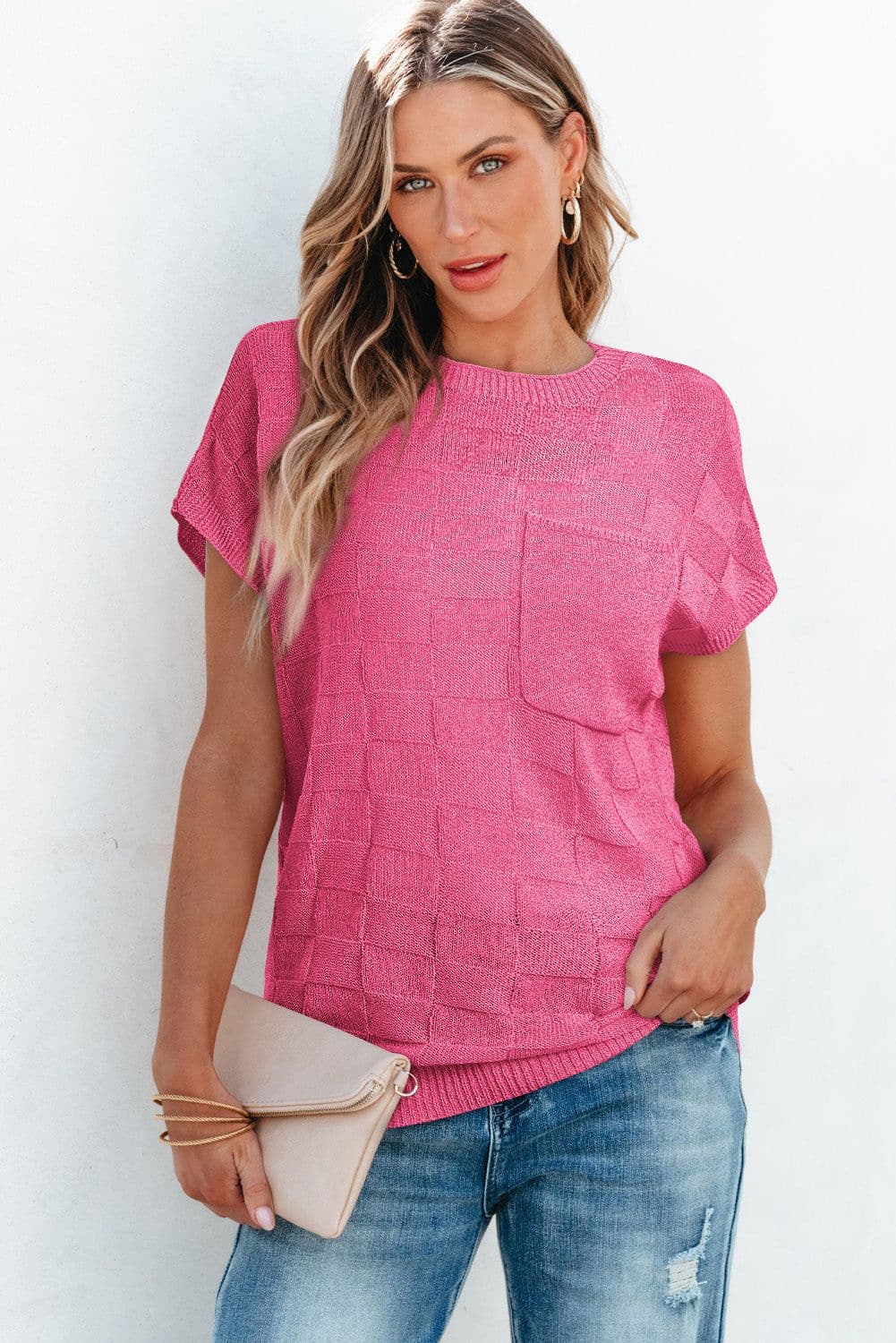 image-Pink Lattice Textured Knit Short Sleeve Sweater - Sizes S-3XL