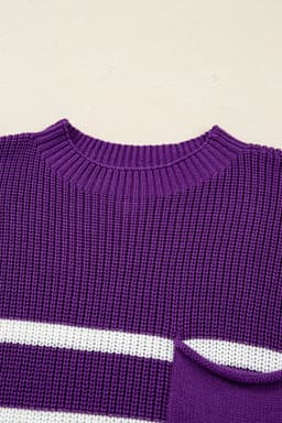 image-Purple Stripe Knit Sweater - Short Sleeve Raw Edge