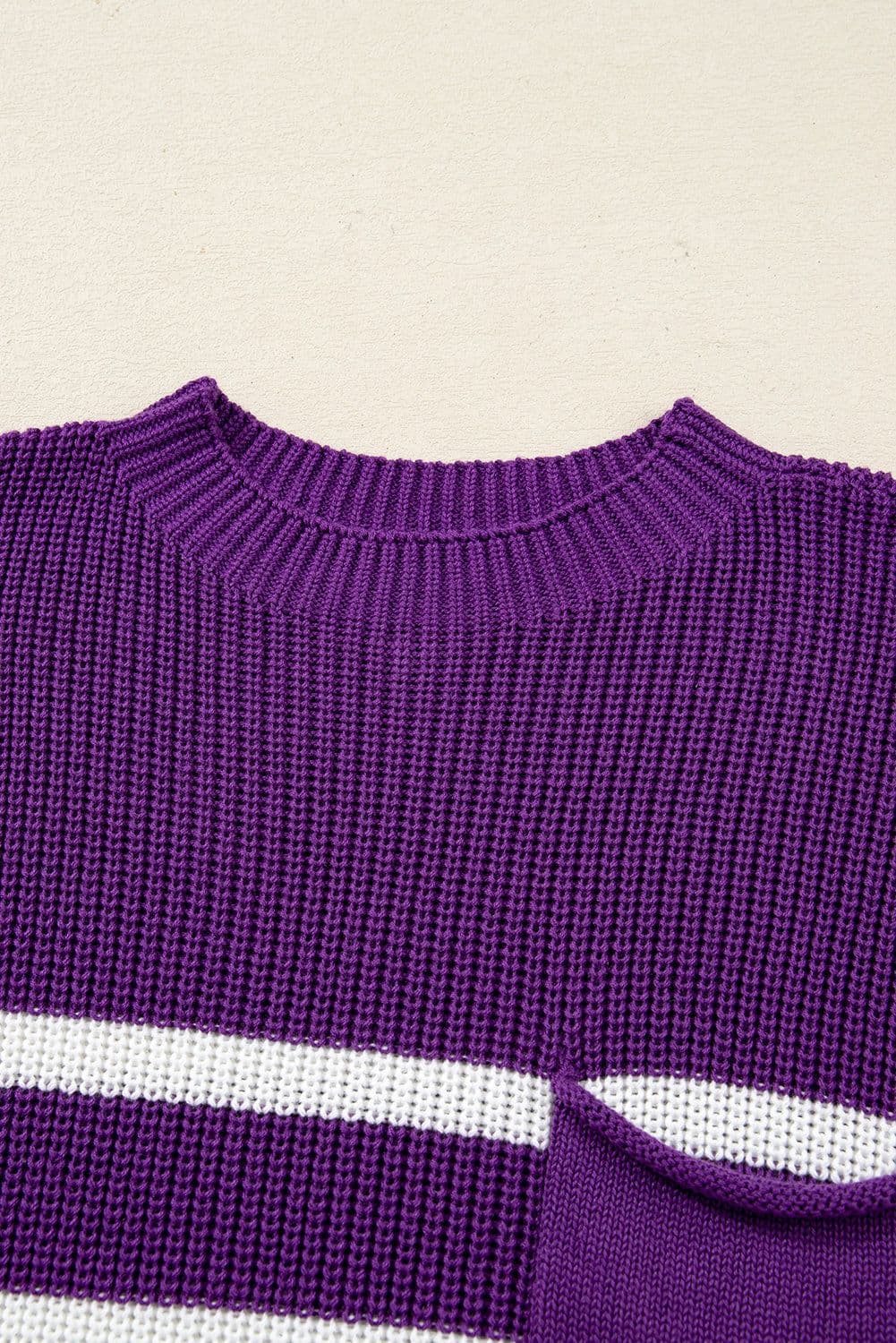 image-Purple Stripe Knit Sweater - Short Sleeve Raw Edge