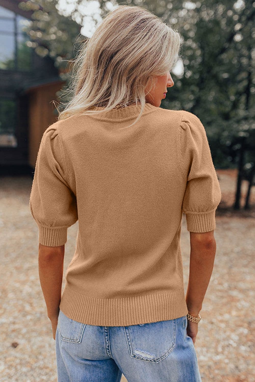 image-Light French Beige Knit Sweater - Short Puff Sleeve