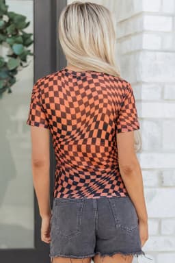 image-Khaki Checkered Print Mesh T Shirt