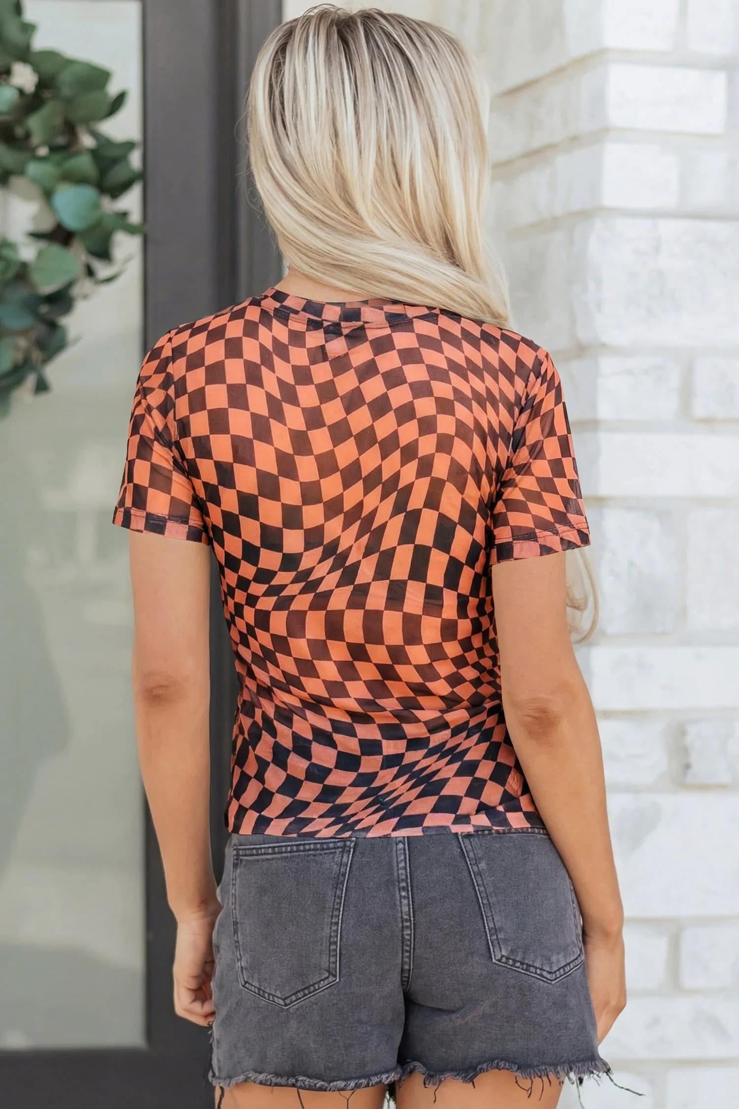 image-Khaki Checkered Print Mesh T Shirt