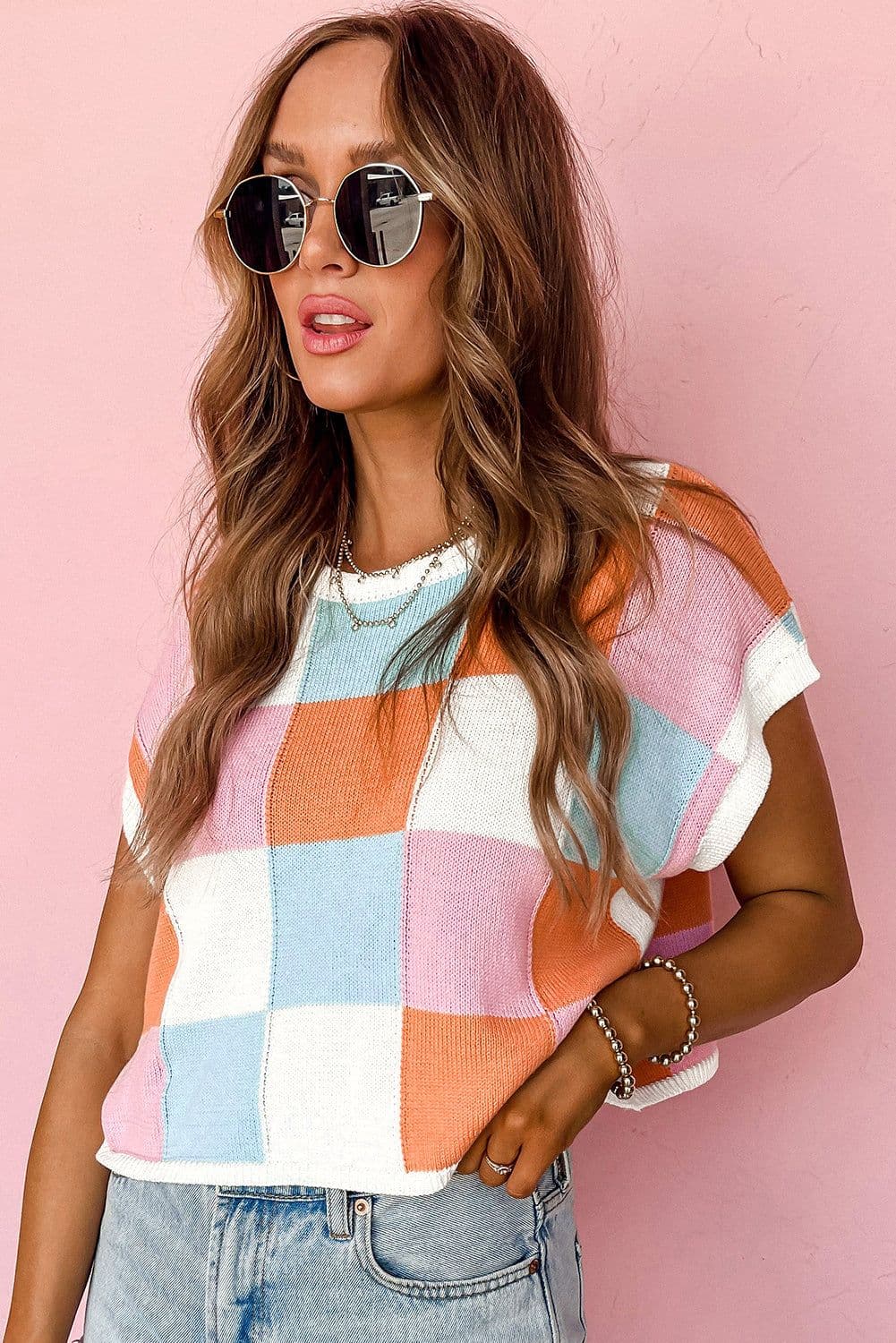 image-Grapefruit Orange Color Block Cap Sleeve Sweater