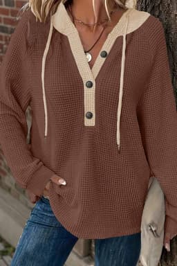 image-Coffee Waffle Contrast Half Buttoned Hooded Pullover Top