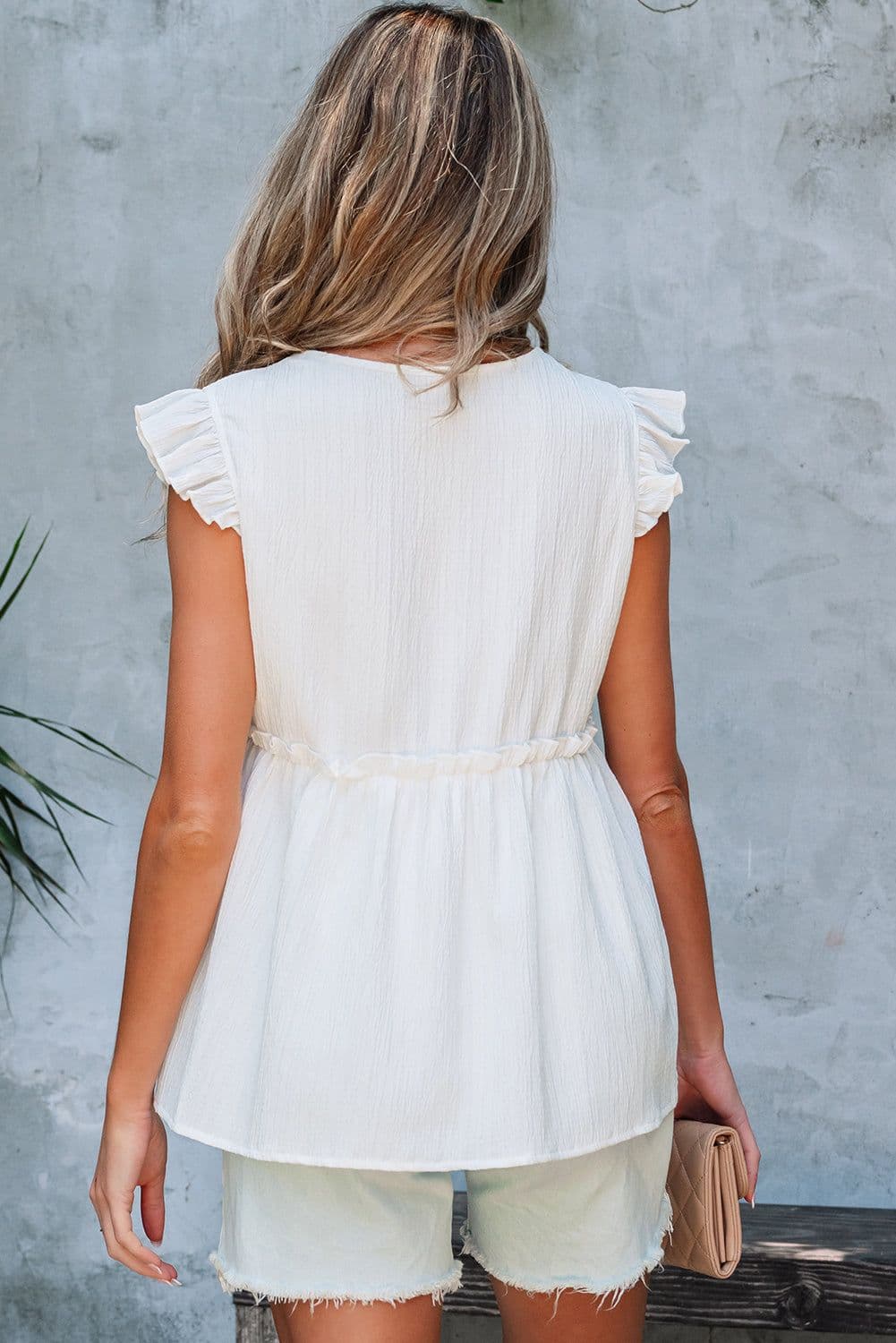 image-White Ruffled Flutter Top V Neck Textured
