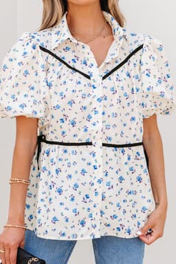 image-White Contrast Trim Floral Puff Short Sleeve Shirt