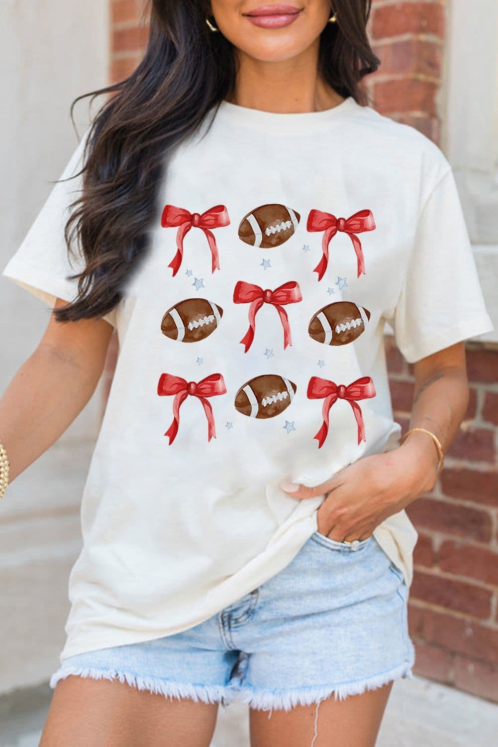 image-White Bowknot Rugby Graphic Crew Neck Tee