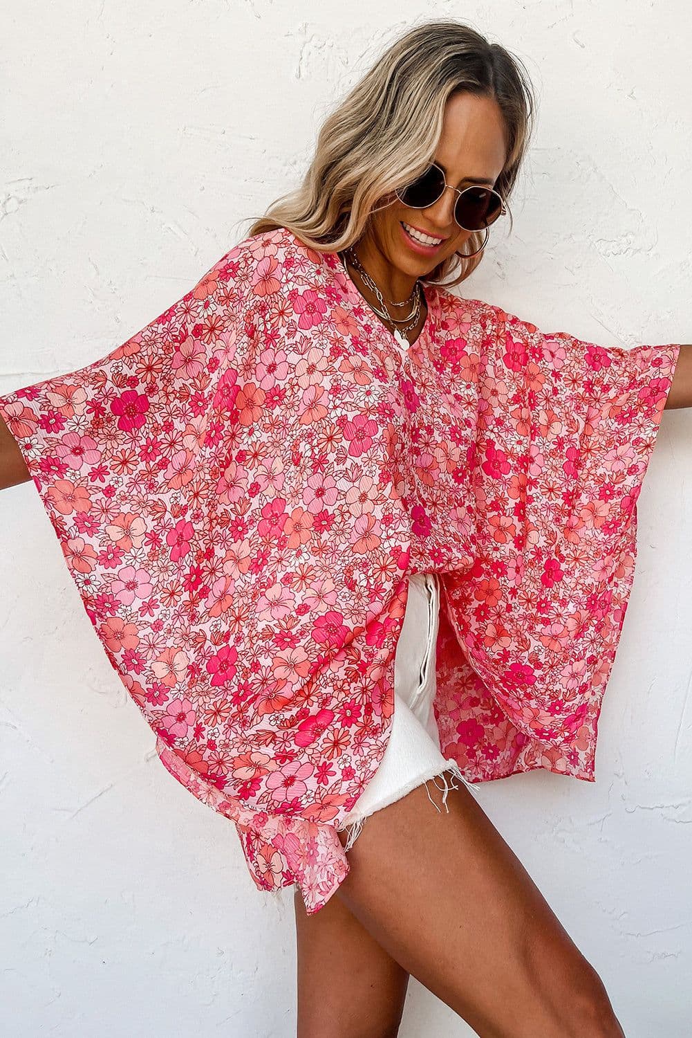 image-Pink Boho Floral V Neck Kimono Blouse - Oversized