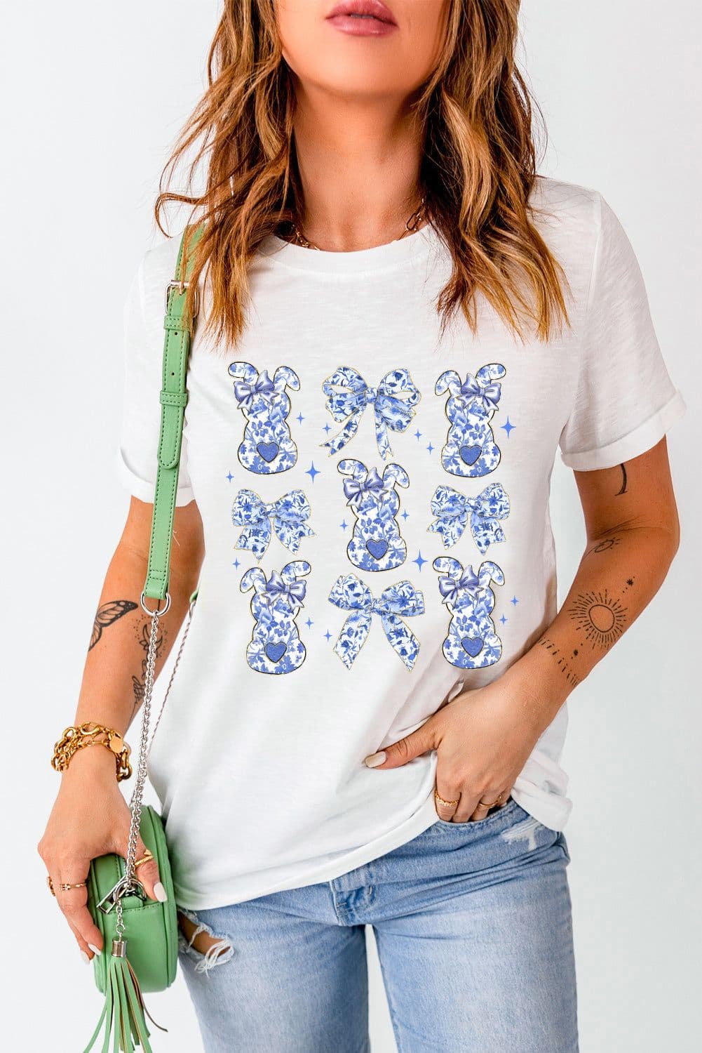 image-White Bowknot Bunny Graphic Easter T Shirt