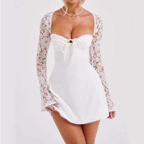 image-Y2K Lace Long Sleeve Backless Dress - Short