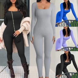 image-Threaded Square Collar Buttocks Slim Jumpsuit
