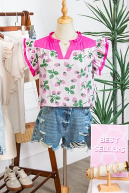 image-Pink Striped Strawberry Blouse - V Neck Flutter Sleeve