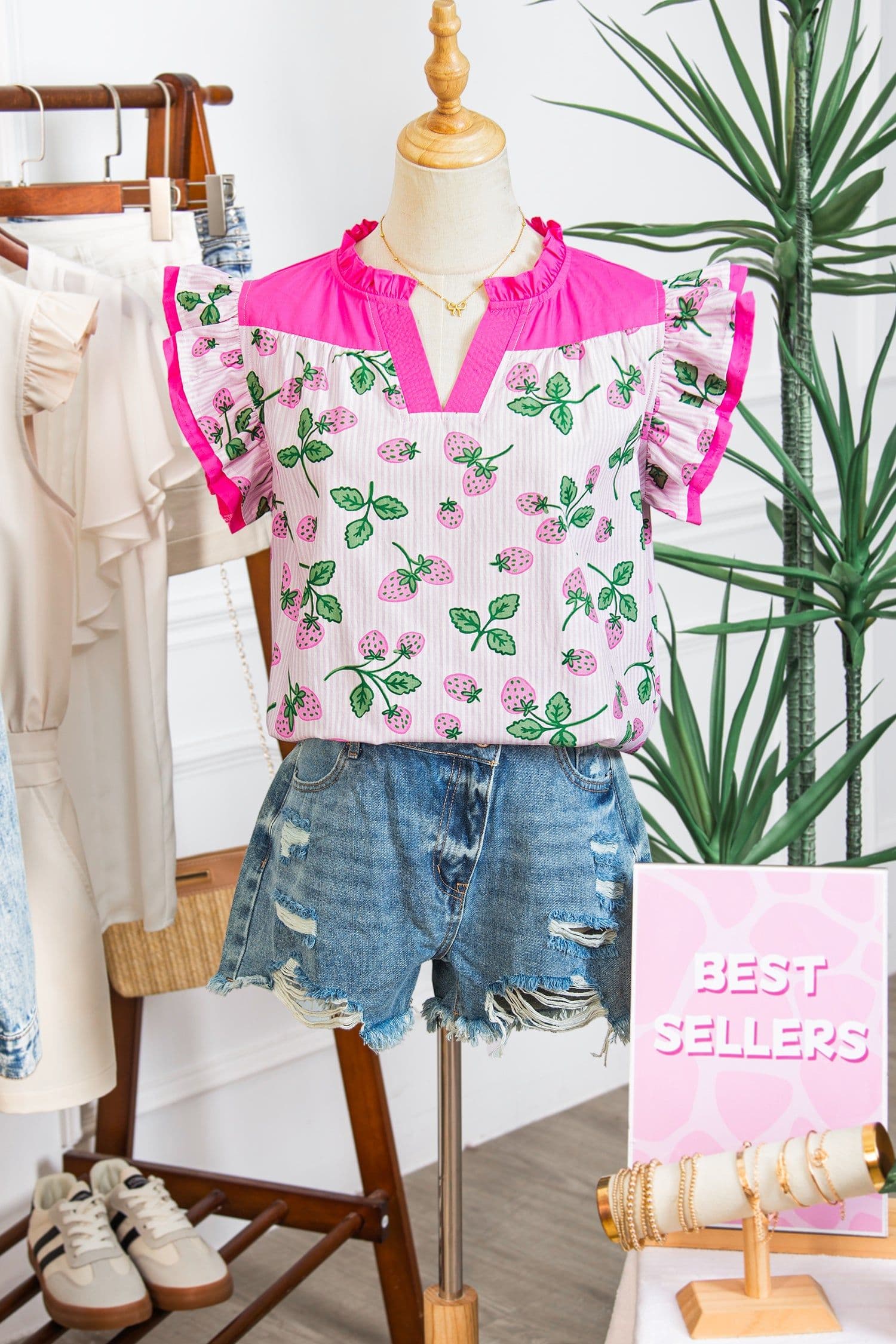 image-Pink Striped Strawberry Blouse - V Neck Flutter Sleeve