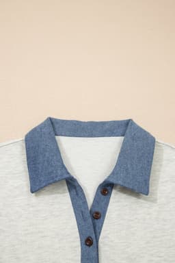 image-Light Grey Denim Color Block Patchwork Button Polo Collar T Shirt Tunic Dress