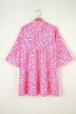 image-Leopard Print Mini Dress - Pink Long Sleeve Button Front