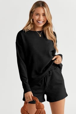 image-Textured Long Sleeve Top & Drawstring Shorts Set - Green