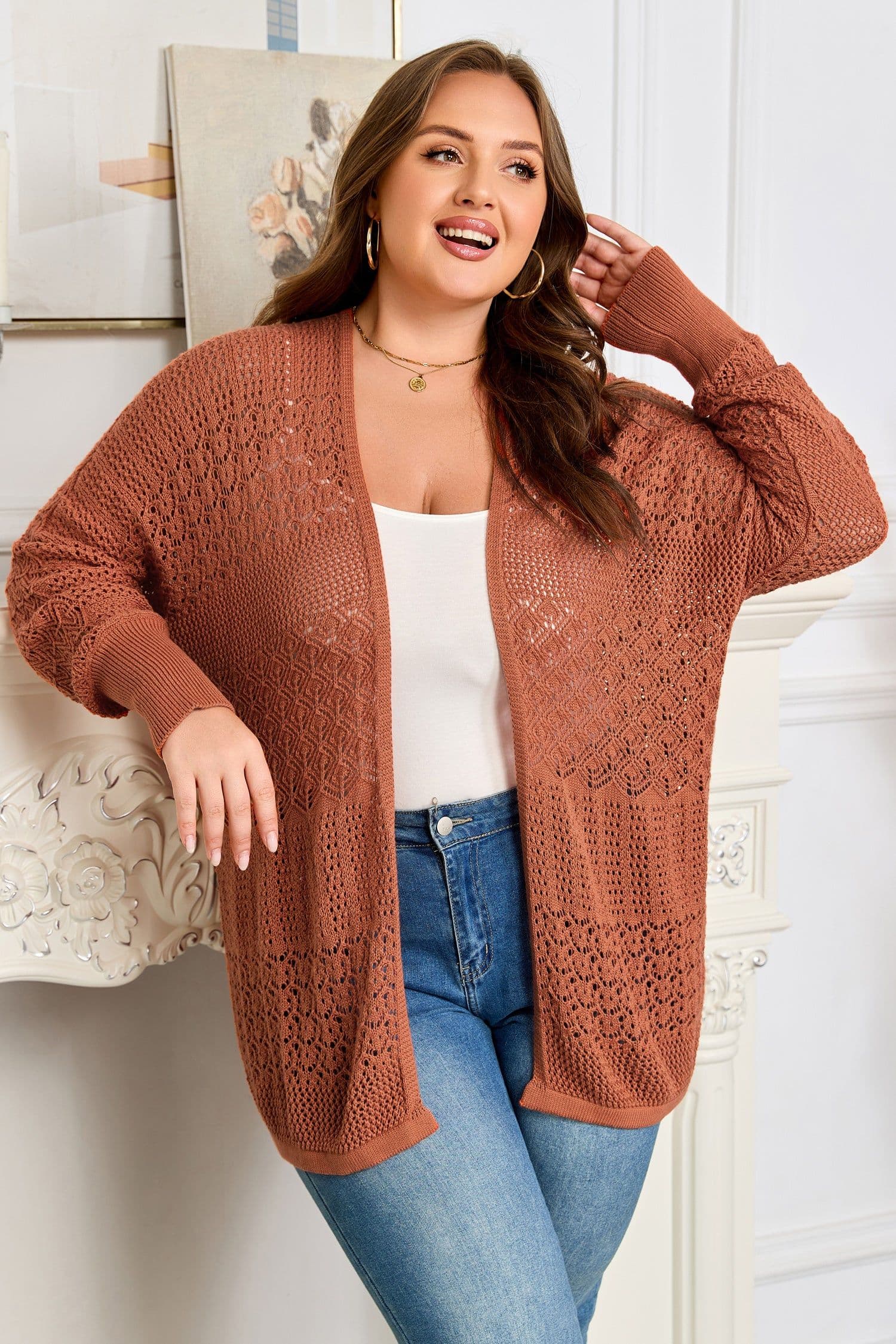 image-Redwood Plus Cardigan - Mixed Pattern Knitted - Open Front - Plus Size