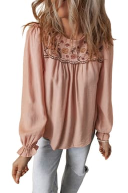 image-Pink Floral Embroidered Blouse - Flounce Sleeve Elegant Top