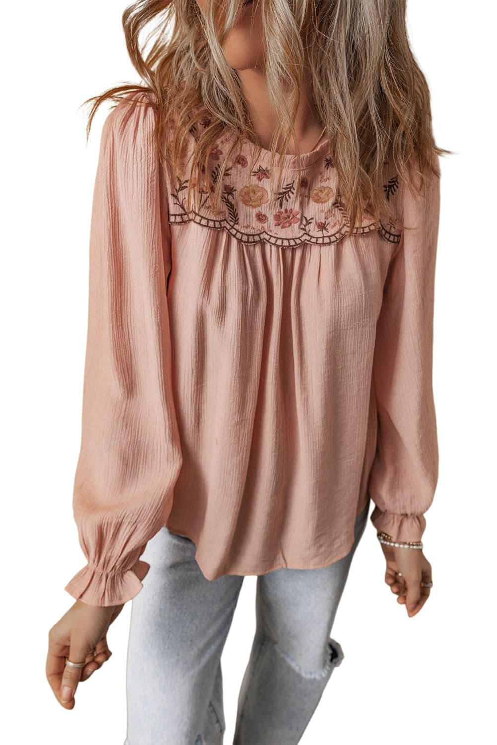 image-Pink Floral Embroidered Blouse - Flounce Sleeve Elegant Top