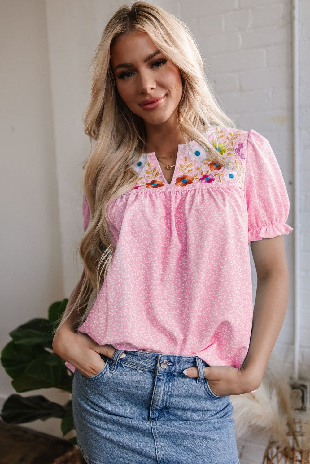 image-Sky Blue Floral Embroidered Puff Sleeve Blouse