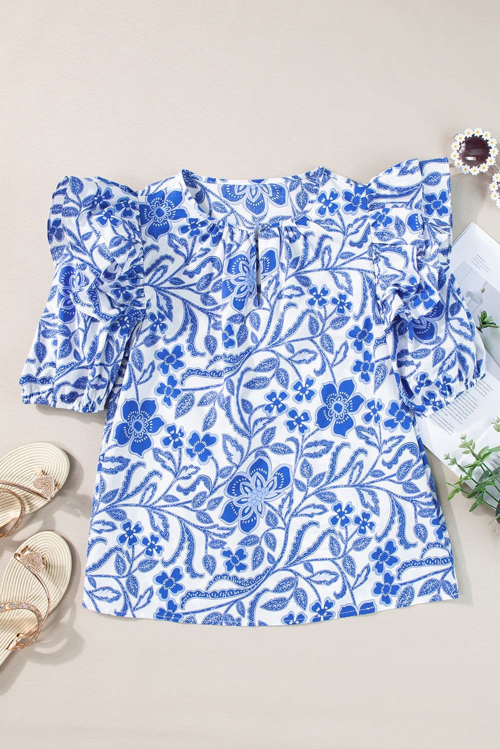image-Dark Blue Floral Ruffled Sleeve Blouse - Chic Bubble Sleeve Design