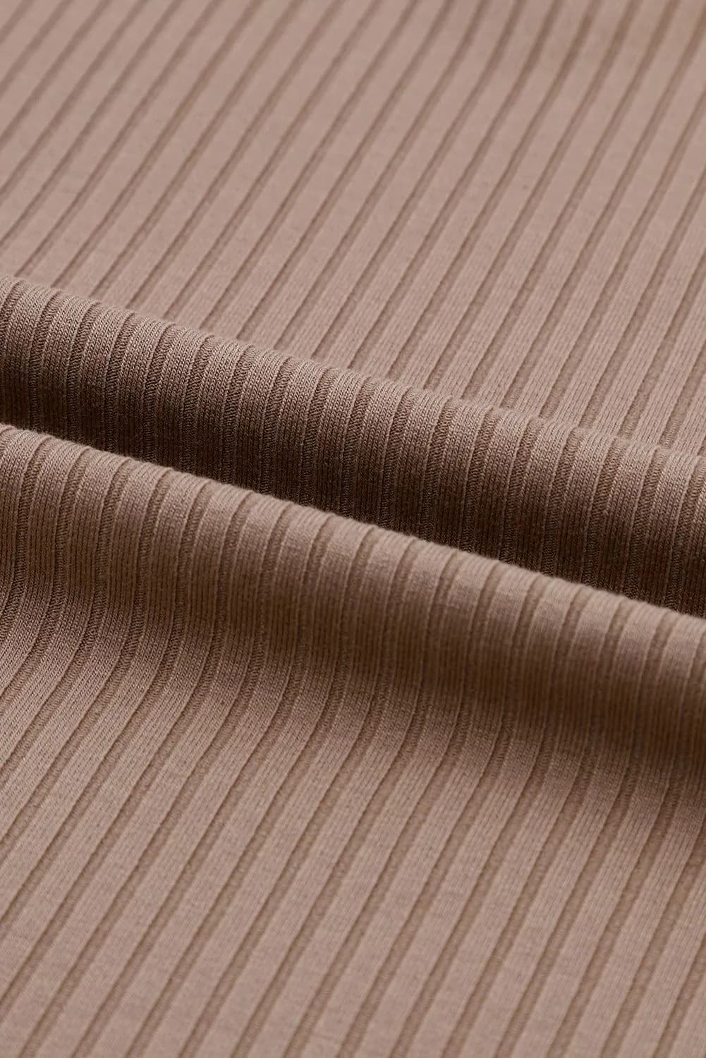 image-Khaki Ribbed Knit V Neck Top Chest Pocket