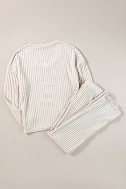 image-Ribbed Knit V Neck Slouchy Two-Piece Outfit - Khaki Modern Chic