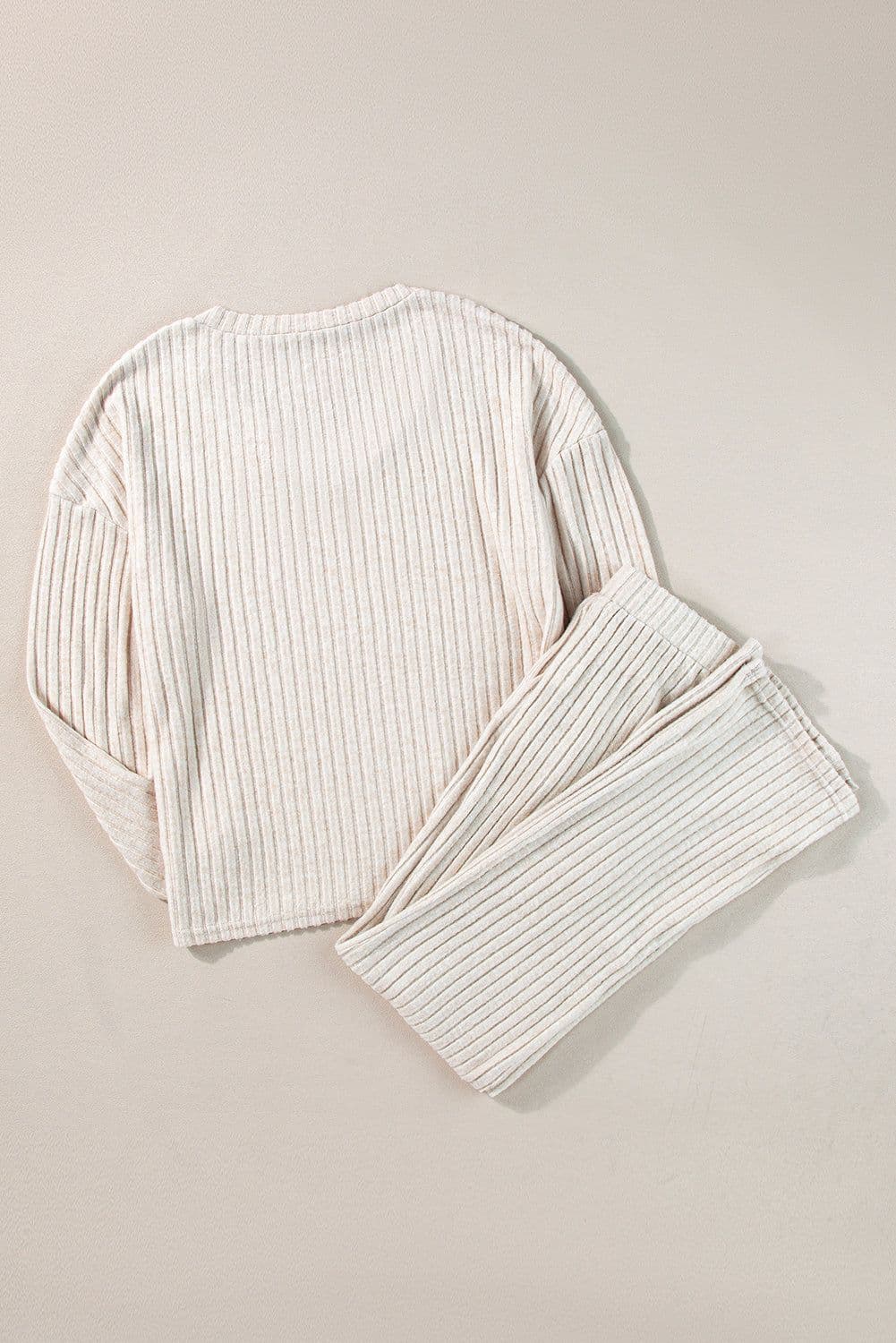 image-Ribbed Knit V Neck Slouchy Two-Piece Outfit - Khaki Modern Chic
