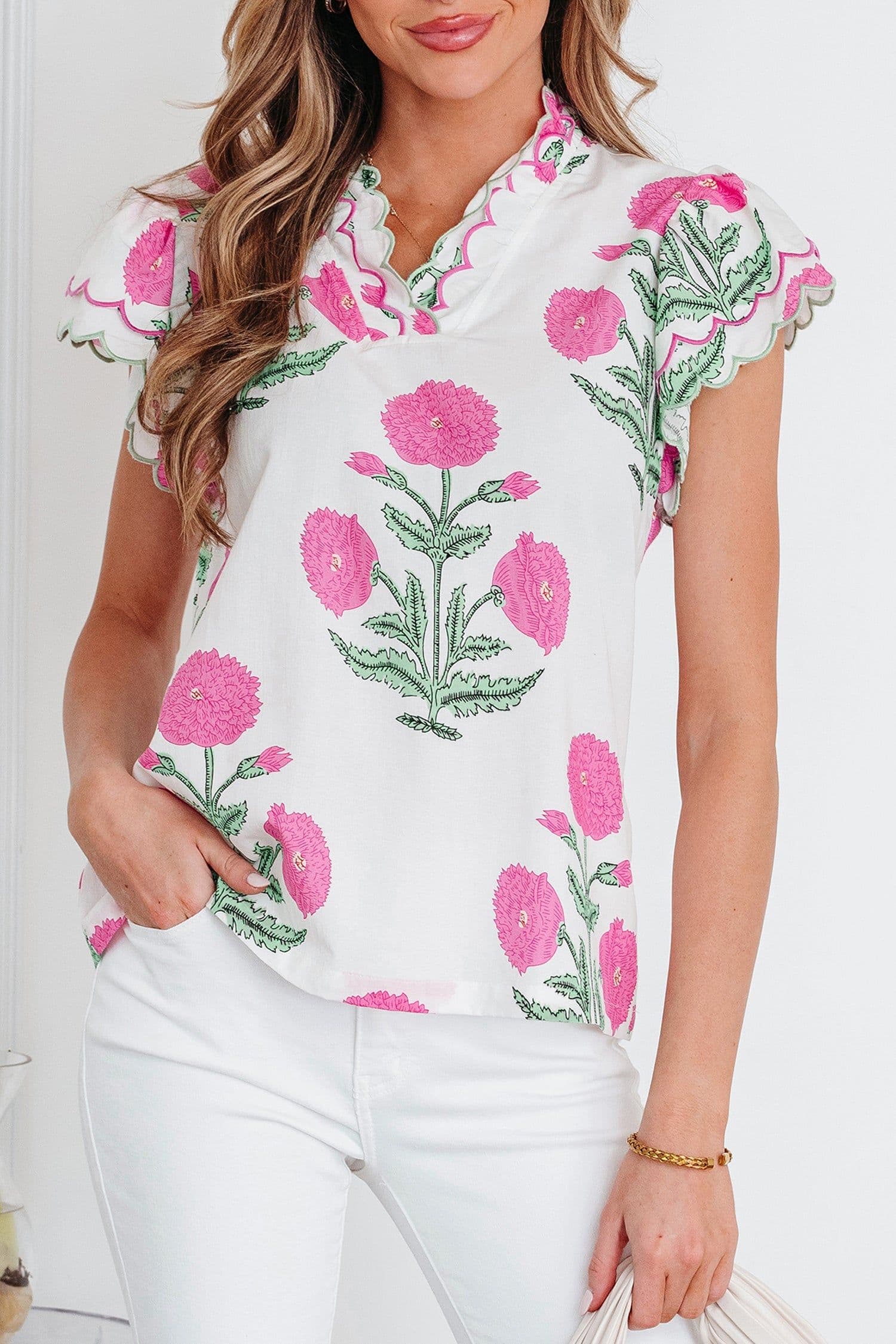 image-Blue Wild Flower Print Contrast Trim Scallop Detail Short Sleeve Blouse