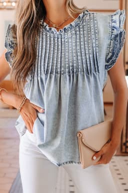 image-Beau Blue Ruffle Pleated Detail Vintage Washed Denim Top