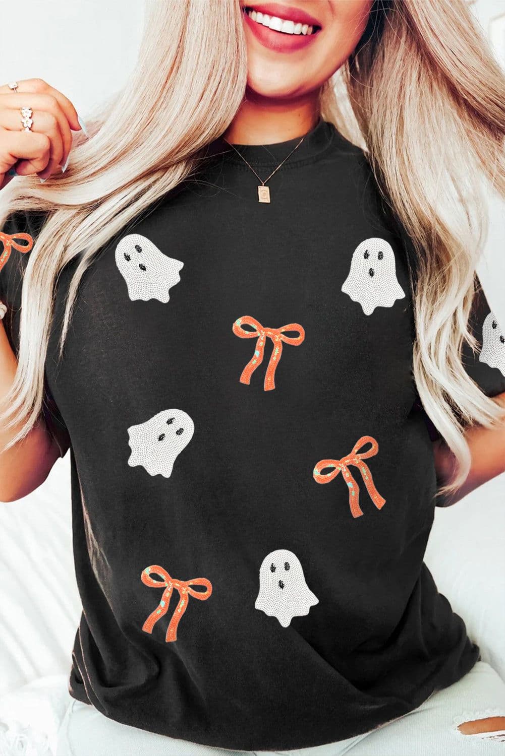 image-Halloween Ghost Graphic Tee - Black Sequin Bow