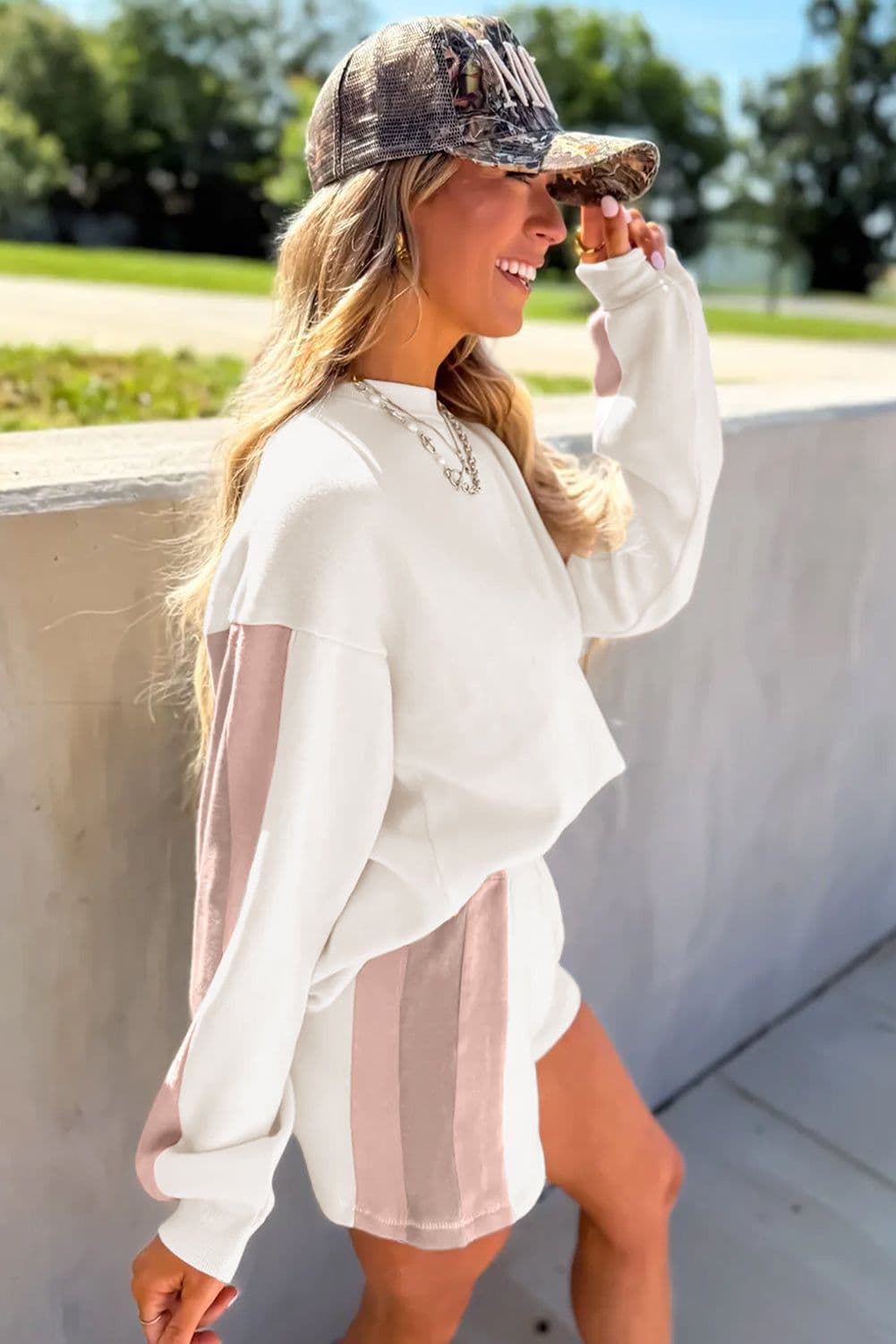 image-White Color Block Patchwork Drop Shoulder 2pc Set