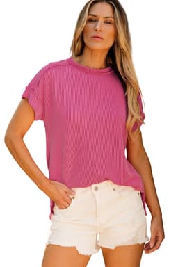 image-Medium Grey Textured Knit T-shirt with Exposed Stitching