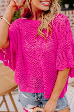 image-Rose Red Pointelle Knit Top - Short Sleeve, Scallop Edge, Delicate Design