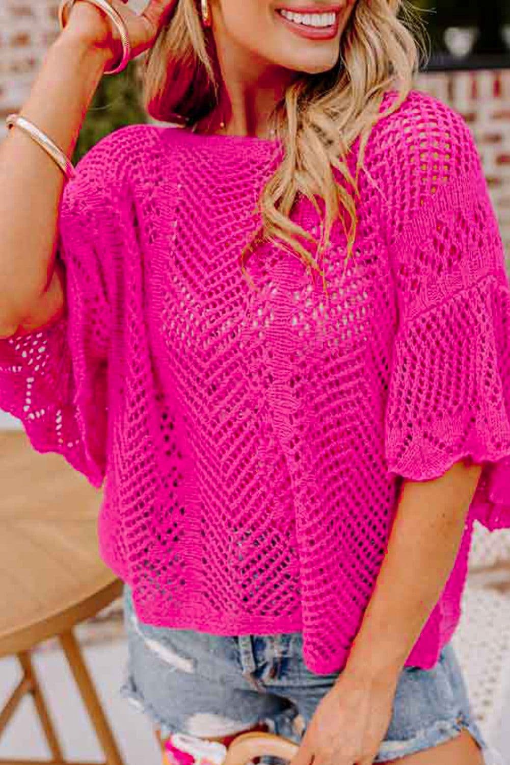 image-Rose Red Pointelle Knit Top - Short Sleeve, Scallop Edge, Delicate Design