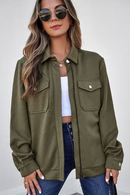 image-Blackish Green Solid Color Zip Up Button Flap Pocket Shirt Collar Jackets