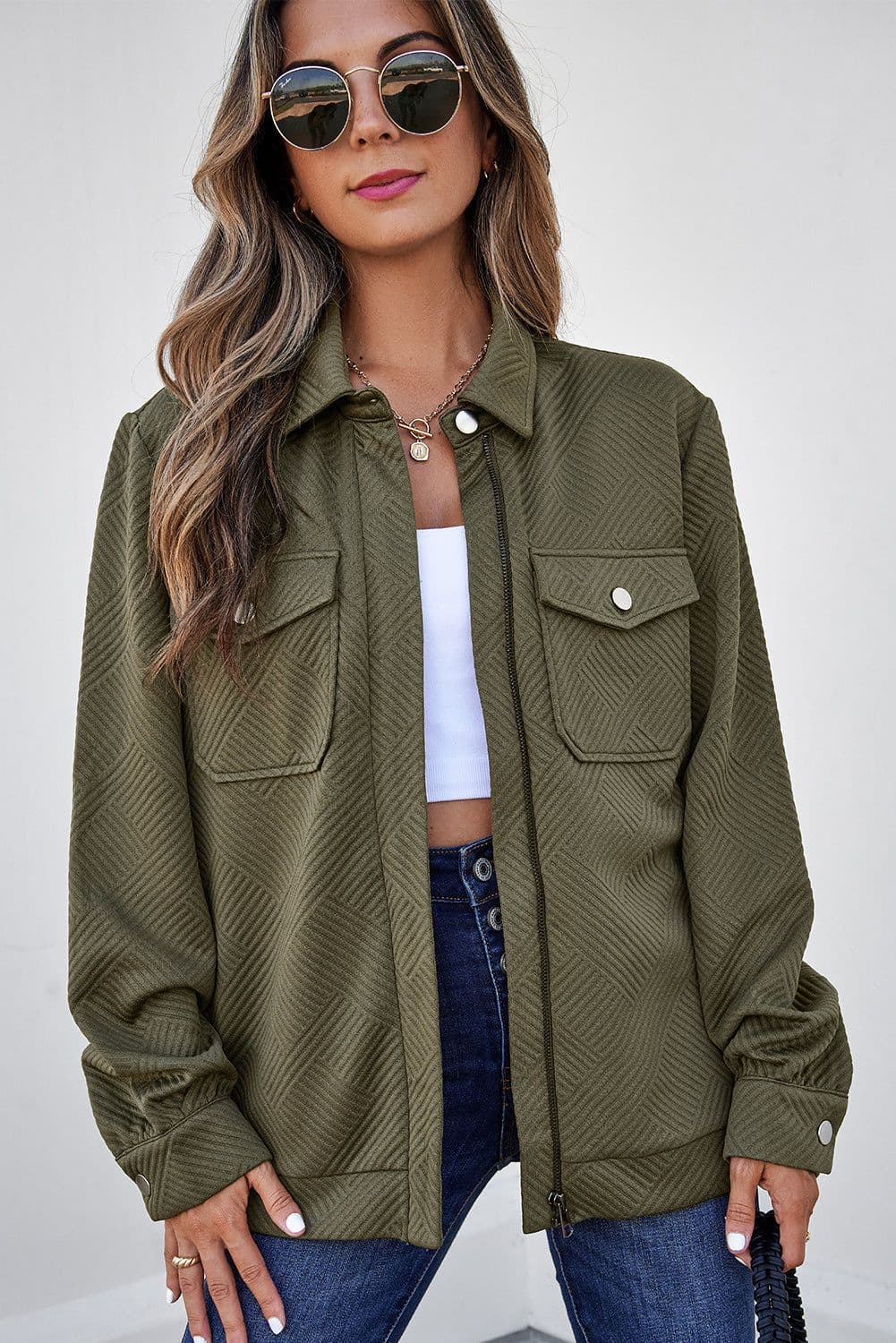 image-Blackish Green Solid Color Zip Up Button Flap Pocket Shirt Collar Jackets