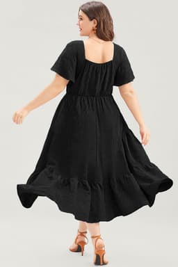 image-Black Plus Size Short Sleeve Lace-up High Waist Midi Dress