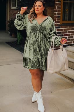 image-Jungle Green Velvet Babydoll Mini Dress Puff Sleeve