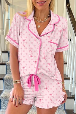 image-Beige Floral Print Contrast Pipping Short Pajamas Set